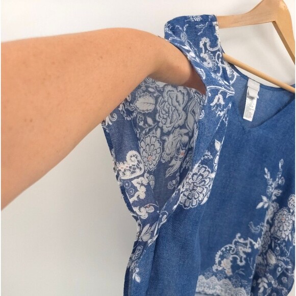 Chicos 100% Linen Floral 2-Way Poncho Top Flowy Boho Blouse Coastal Beach - Picture 5 of 12